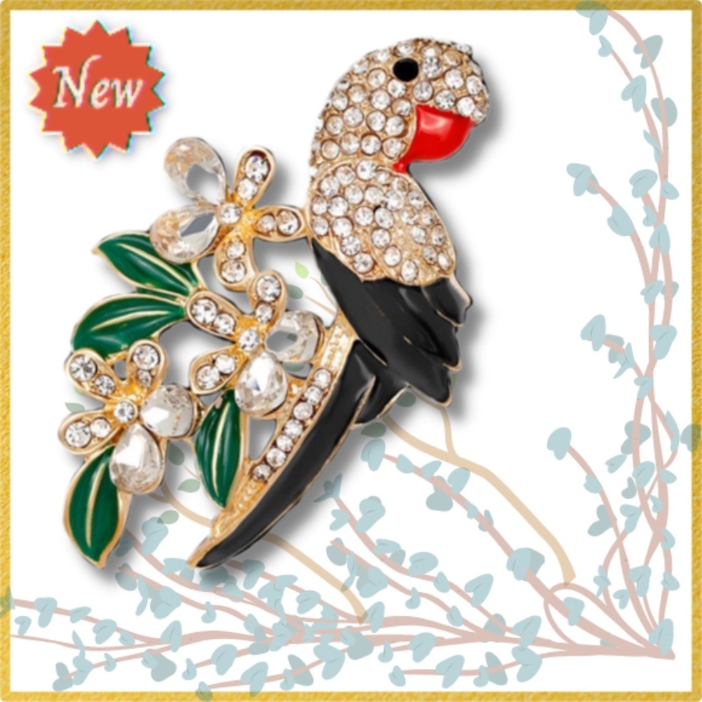 Parrot Brooch Pin Back Crystal Rhinestone Leaves Branches - Pin Back- Detailed